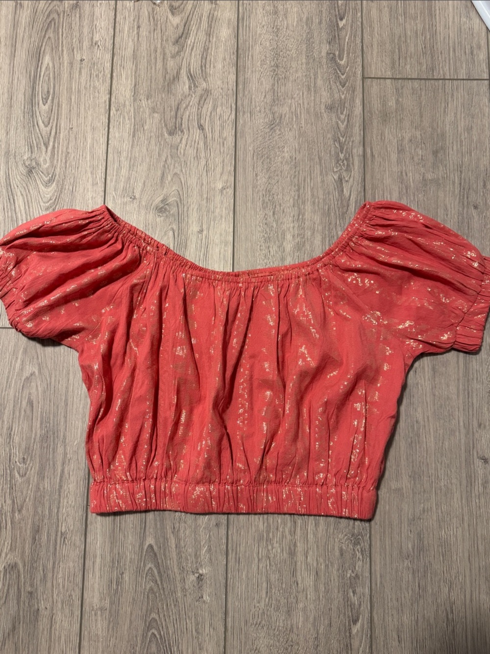 Elan Coral/Gold Off-Shoulder Midi Crop Top—sz S